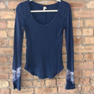 Free People Blue henley top with sleeve detailing